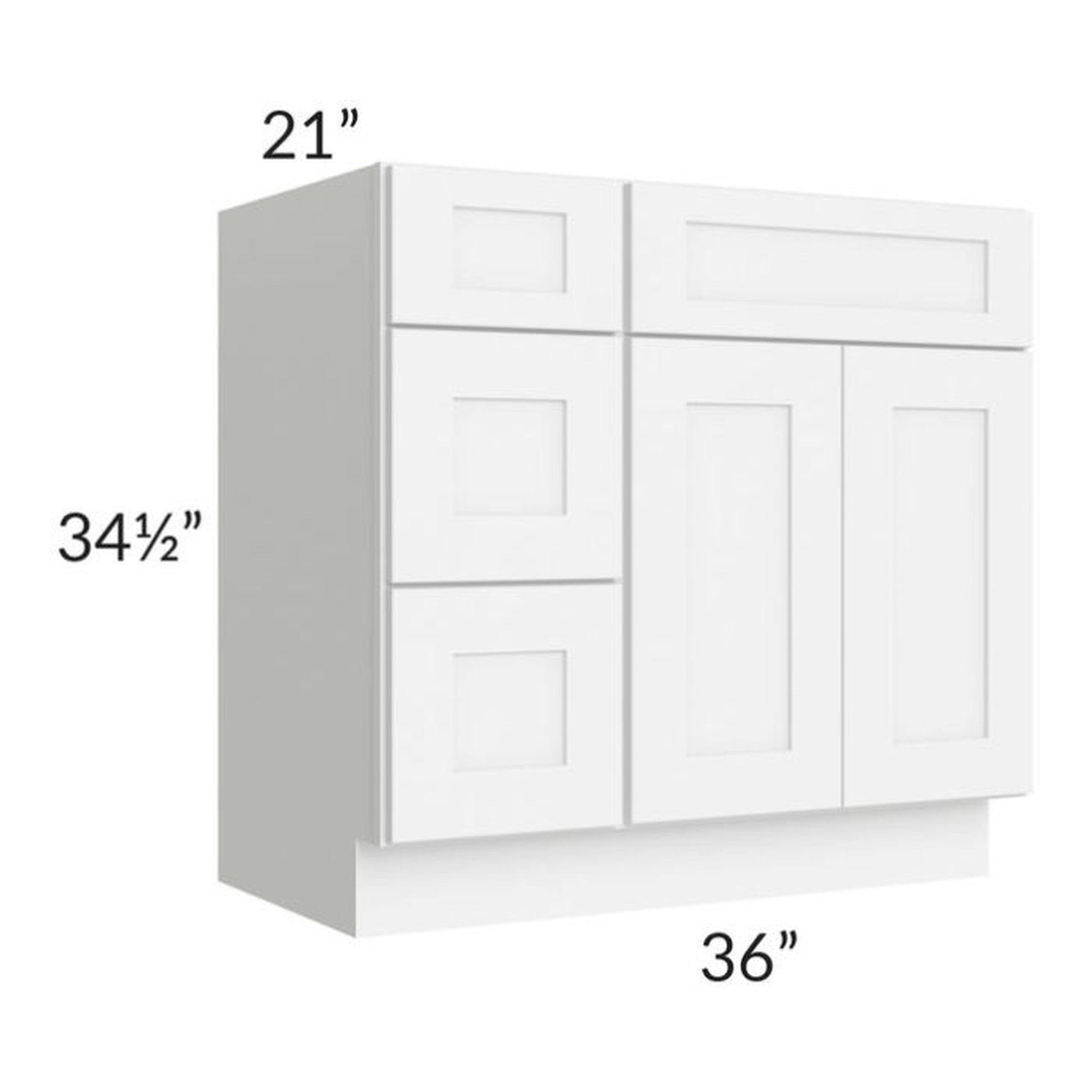 RTA Brilliant White Shaker 36" Vanity Base Cabinet (Drawers on Left) with 1 Decorative End Panel