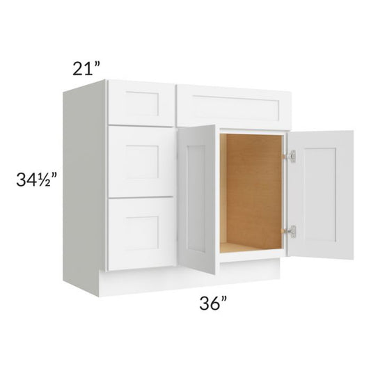 RTA Brilliant White Shaker 36" Vanity Base Cabinet (Drawers on Left) with 1 Decorative End Panel