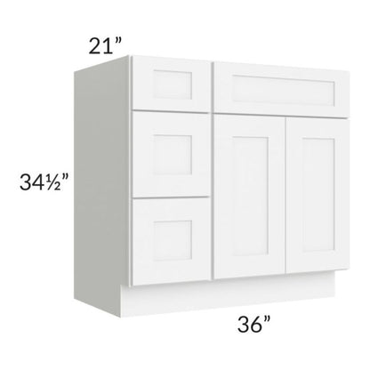 RTA Brilliant White Shaker 36" Vanity Base Cabinet (Drawers on Left) with 2 Decorative End Panels