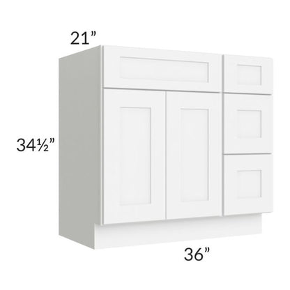 RTA Brilliant White Shaker 36" Vanity Base Cabinet (Drawers on Right) with 1 Decorative End Panel