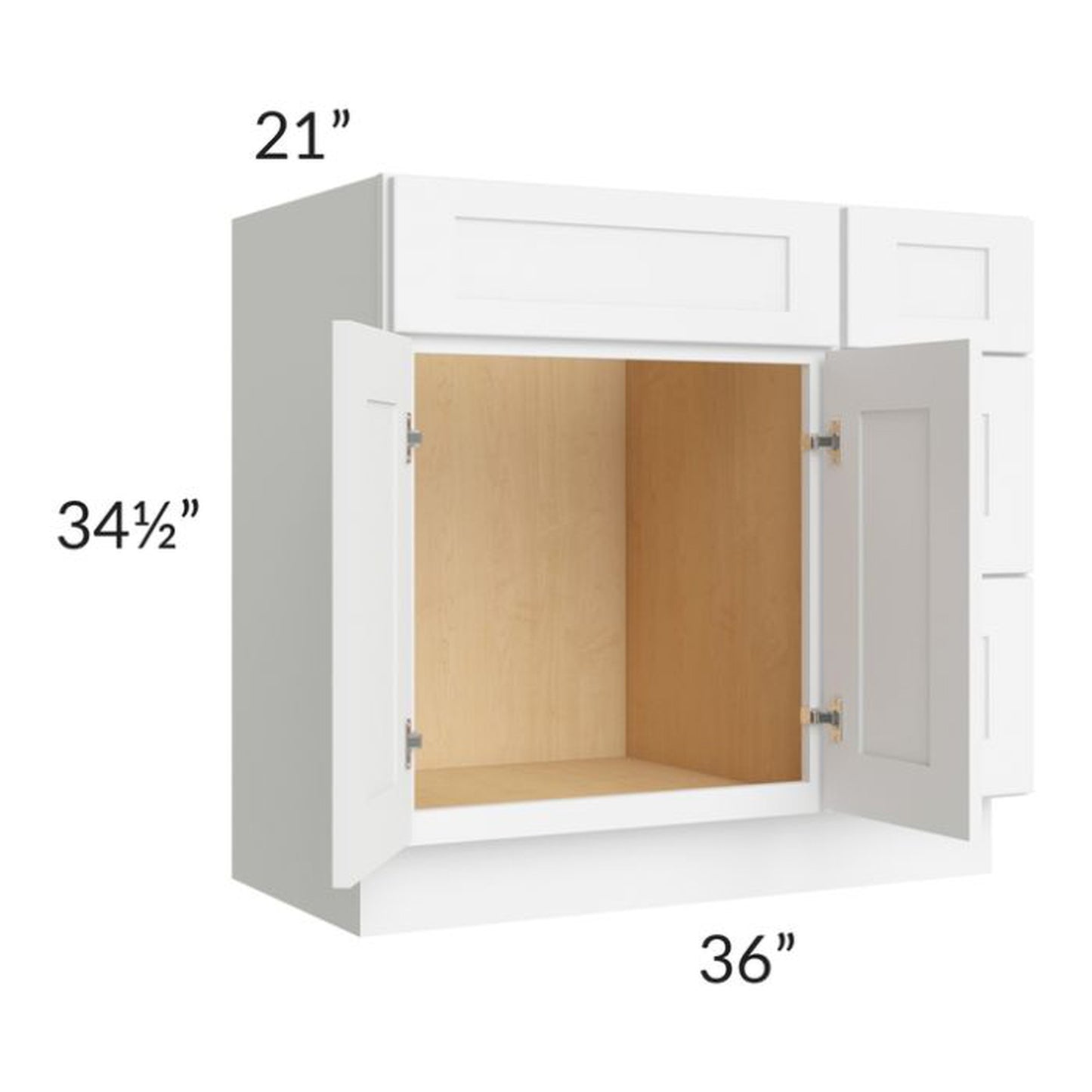 RTA Brilliant White Shaker 36" Vanity Base Cabinet (Drawers on Right) with 1 Decorative End Panel