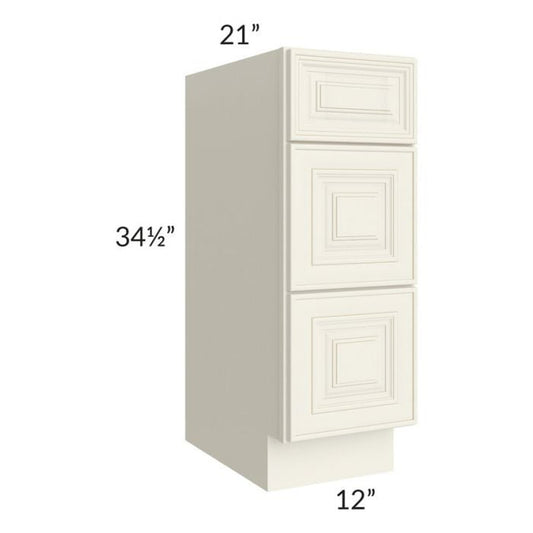 RTA Cambridge Antique White Glaze 12" 3-Drawer Vanity Base Cabinet with 1 Decorative End Panel