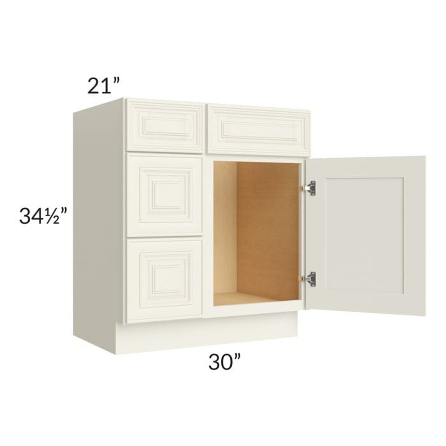 RTA Cambridge Antique White Glaze 30" Vanity Base Cabinet (Drawers on Left) with 1 Decorative End Panel