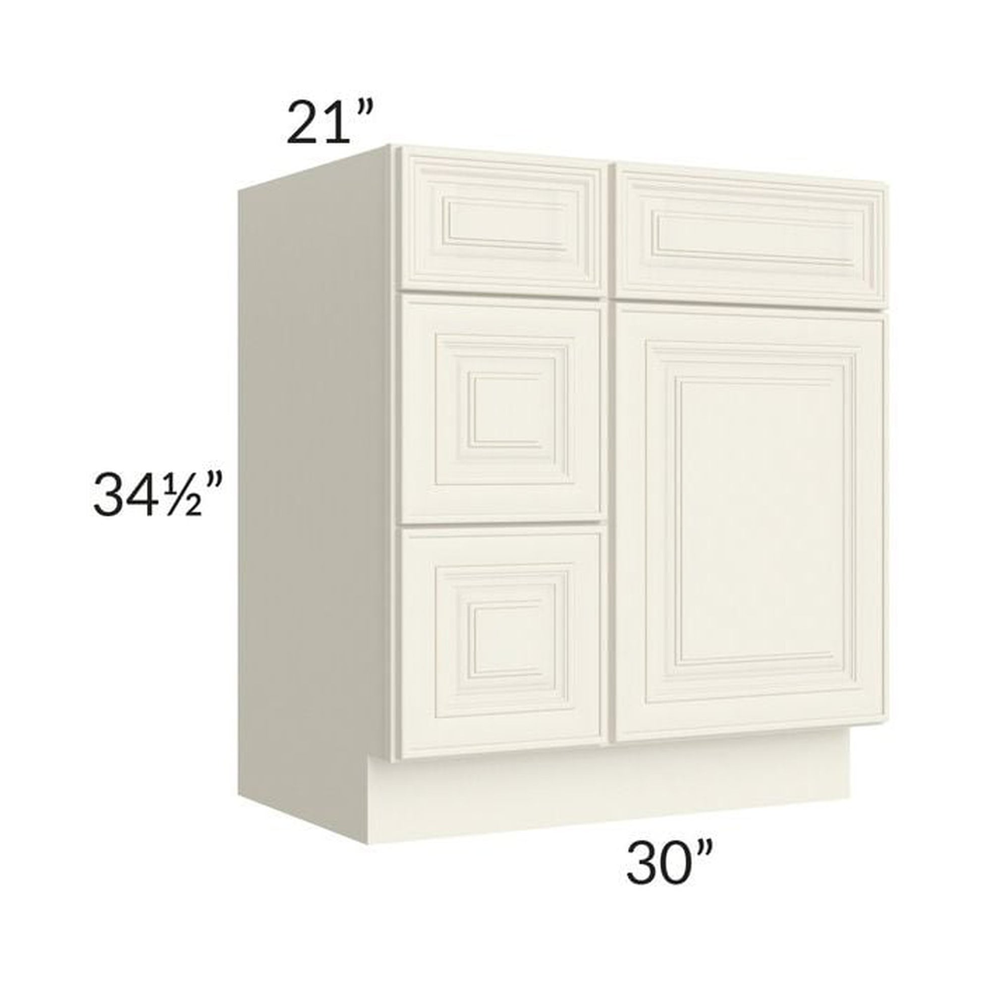 RTA Cambridge Antique White Glaze 30" Vanity Base Cabinet (Drawers on Left) with 2 Decorative End Panels