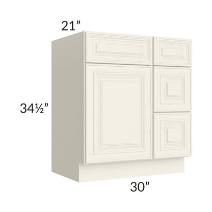 RTA Cambridge Antique White Glaze 30" Vanity Base Cabinet (Drawers on Right) with 1 Decorative End Panel