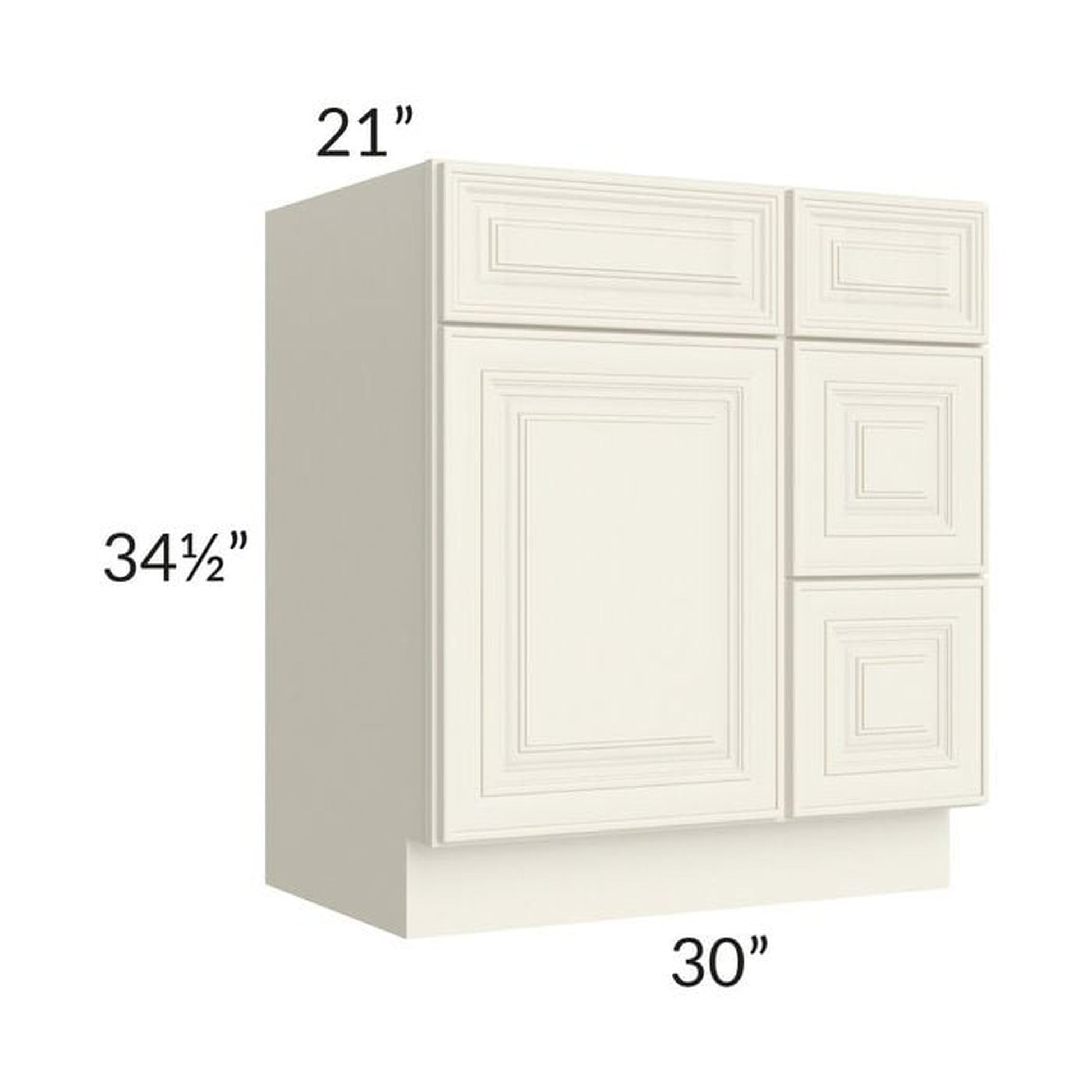 RTA Cambridge Antique White Glaze 30" Vanity Base Cabinet (Drawers on Right) with 2 Decorative End Panels