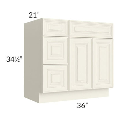 RTA Cambridge Antique White Glaze 36" Vanity Base Cabinet (Drawers on Left)