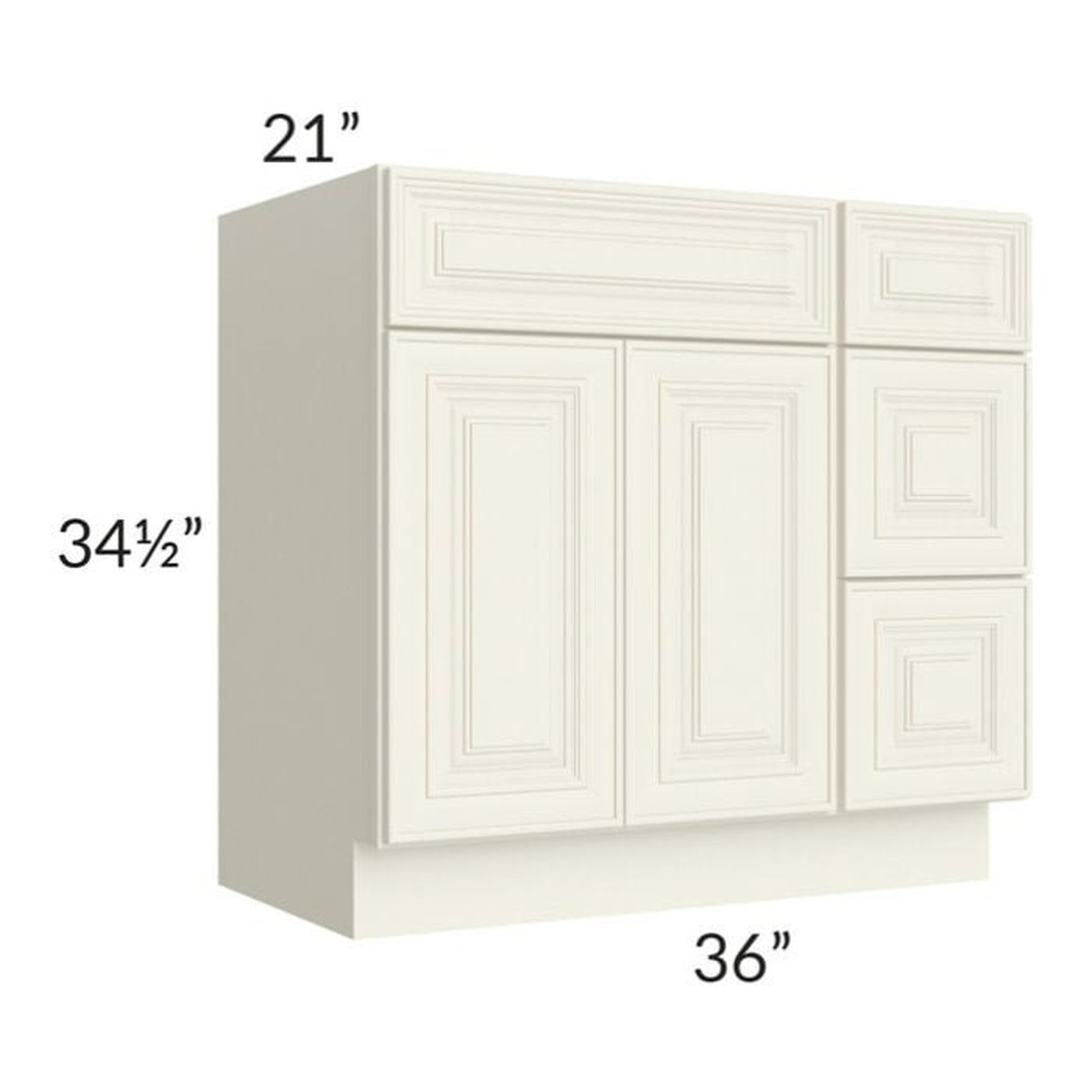 RTA Cambridge Antique White Glaze 36" Vanity Base Cabinet (Drawers on Right) with 1 Decorative End Panel