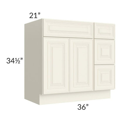 RTA Cambridge Antique White Glaze 36" Vanity Base Cabinet (Drawers on Right) with 1 Decorative End Panel