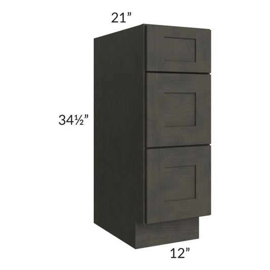 RTA Charcoal Grey Shaker 12" 3-Drawer Vanity Base Cabinet with 1 Decorative End Panel