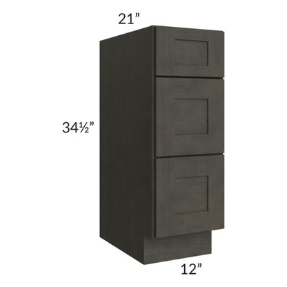 RTA Charcoal Grey Shaker 12" 3-Drawer Vanity Base Cabinet with 2 Decorative End Panels