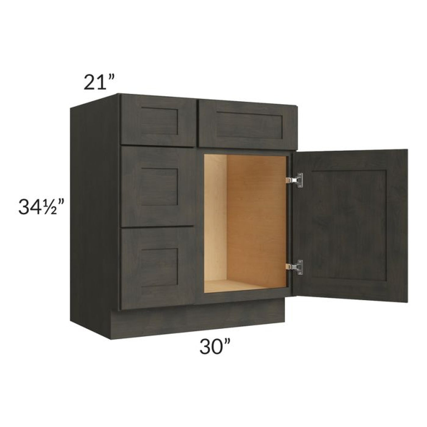 RTA Charcoal Grey Shaker 30" Vanity Base Cabinet (Drawers on Left) with 1 Decorative End Panel
