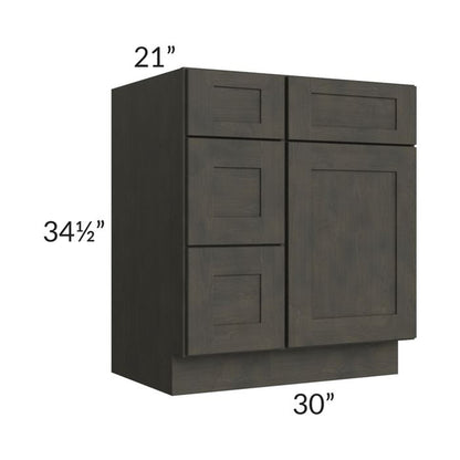 RTA Charcoal Grey Shaker 30" Vanity Base Cabinet (Drawers on Left) with 2 Decorative End Panels