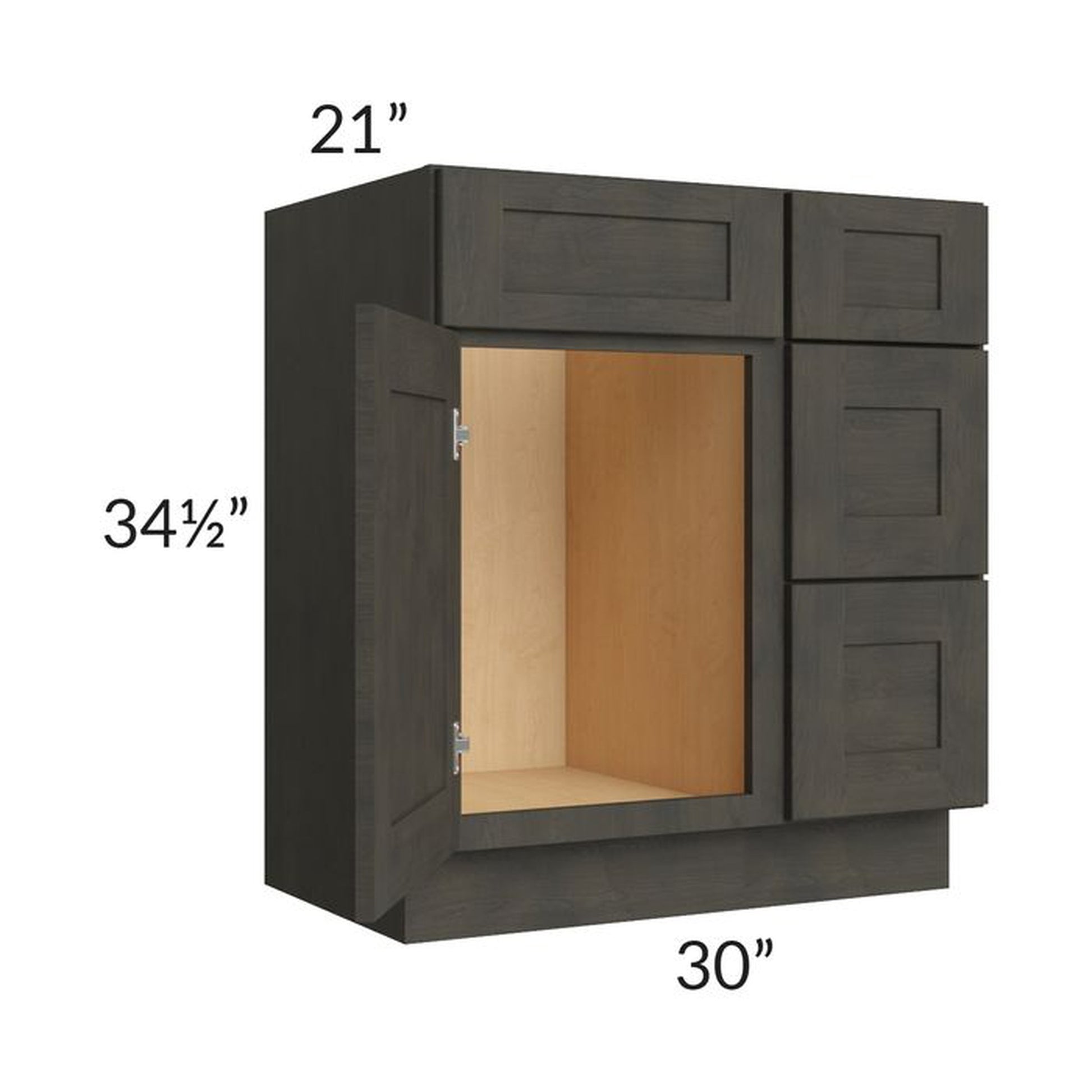 RTA Charcoal Grey Shaker 30" Vanity Base Cabinet (Drawers on Right) with 1 Decorative End Panel