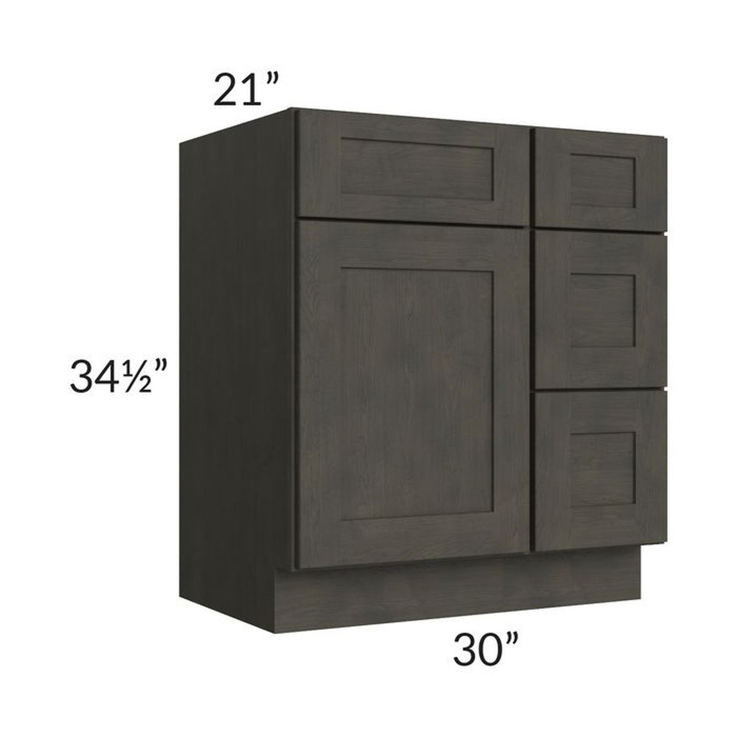 RTA Charcoal Grey Shaker 30" Vanity Base Cabinet (Drawers on Right) with 2 Decorative End Panels