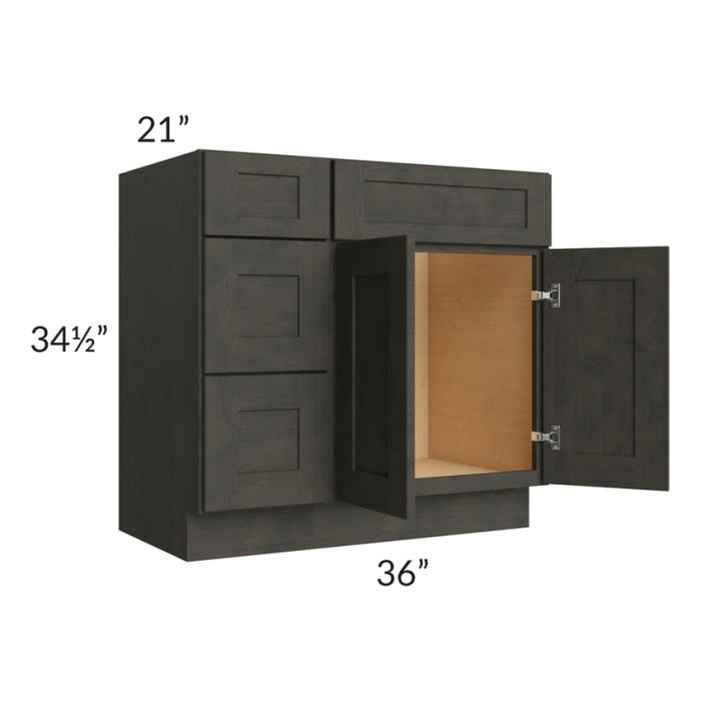 RTA Charcoal Grey Shaker 36" Vanity Base Cabinet (Drawers on Left) with 1 Decorative End Panel