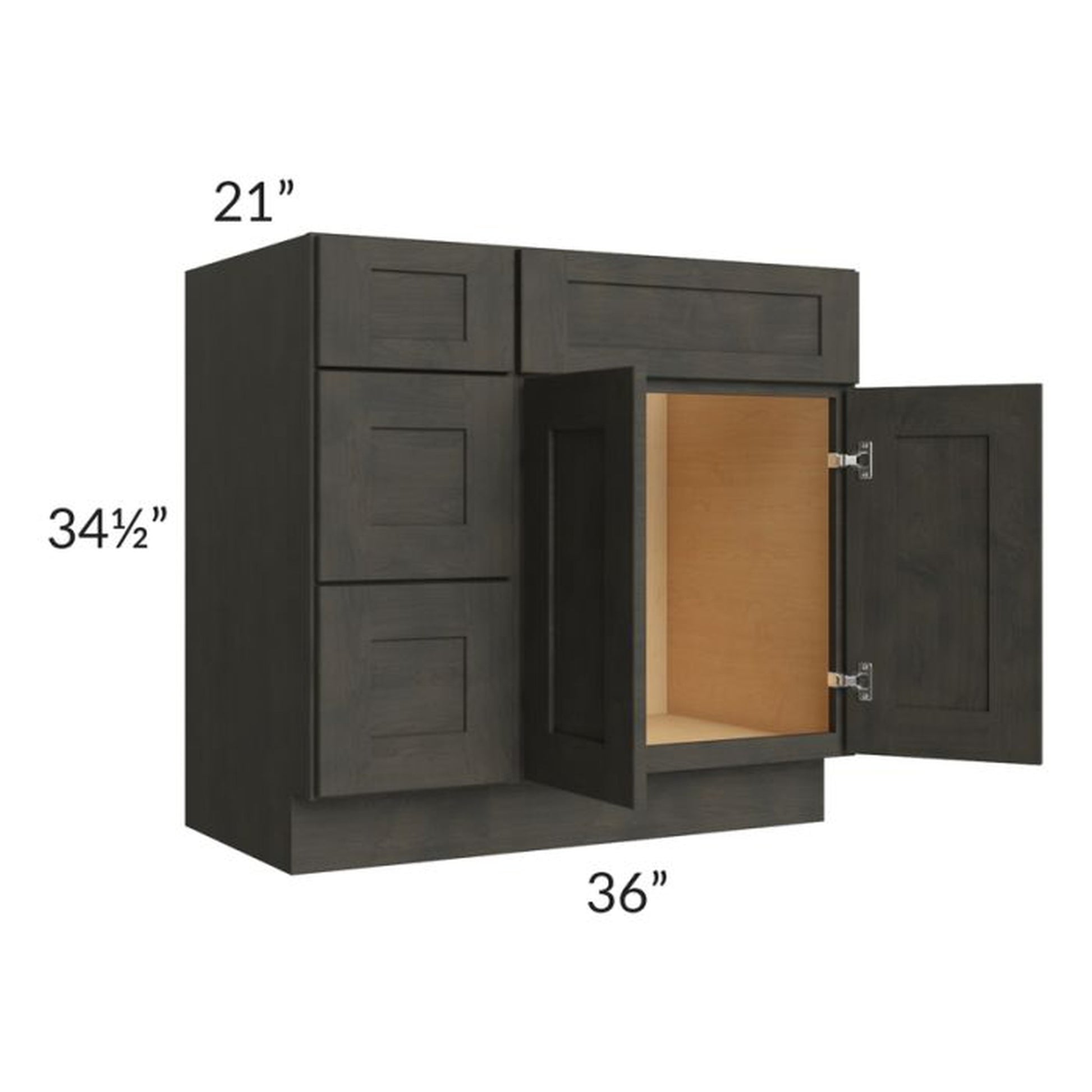 RTA Charcoal Grey Shaker 36" Vanity Base Cabinet (Drawers on Left) with 2 Decorative End Panels