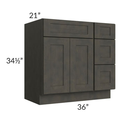 RTA Charcoal Grey Shaker 36" Vanity Base Cabinet (Drawers on Right) with 2 Decorative End Panels