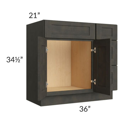 RTA Charcoal Grey Shaker 36" Vanity Base Cabinet (Drawers on Right) with 2 Decorative End Panels