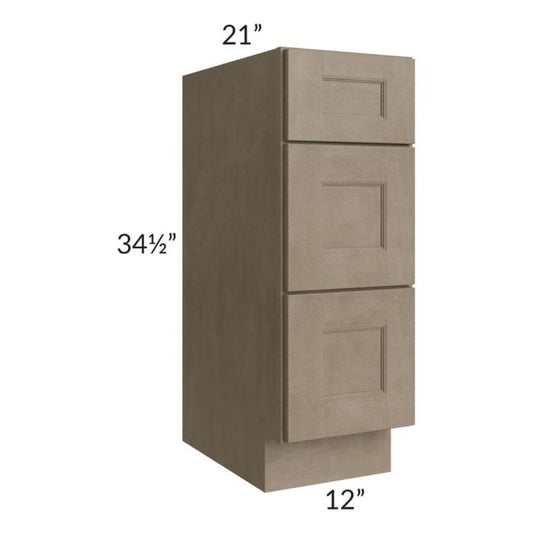 RTA Cobblestone Grey 12" Vanity Three Drawer Base Cabinet with Drawers and 1 Decorative End Panel and 1 Skin