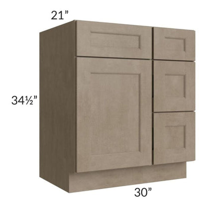 RTA Cobblestone Grey 30" Vanity Sink Base Cabinet (Drawers on Right) with 1 Decorative End Panel and 1 Skin