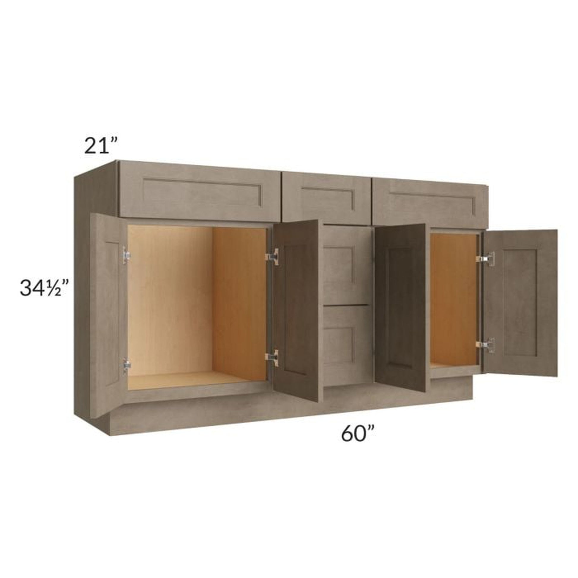 RTA Cobblestone Grey 60" 3-Drawer 2-Set Door Vanity Sink Base Cabinet and 1 Decorative End Panel and 1 Skin