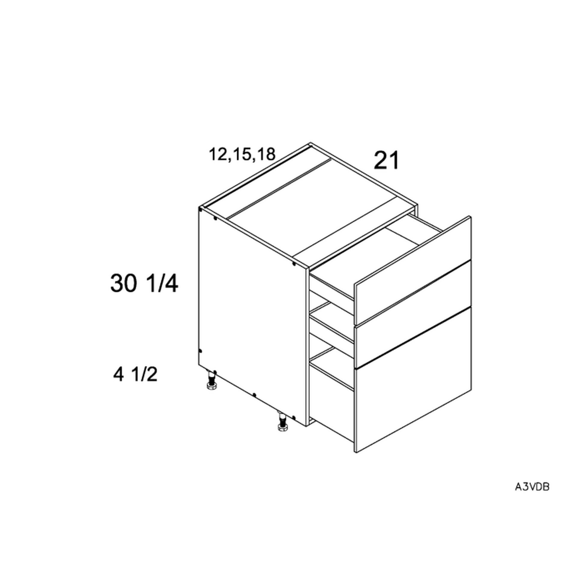 RTA Euro Gloss White 12" 3-Drawer Vanity Base Cabinet