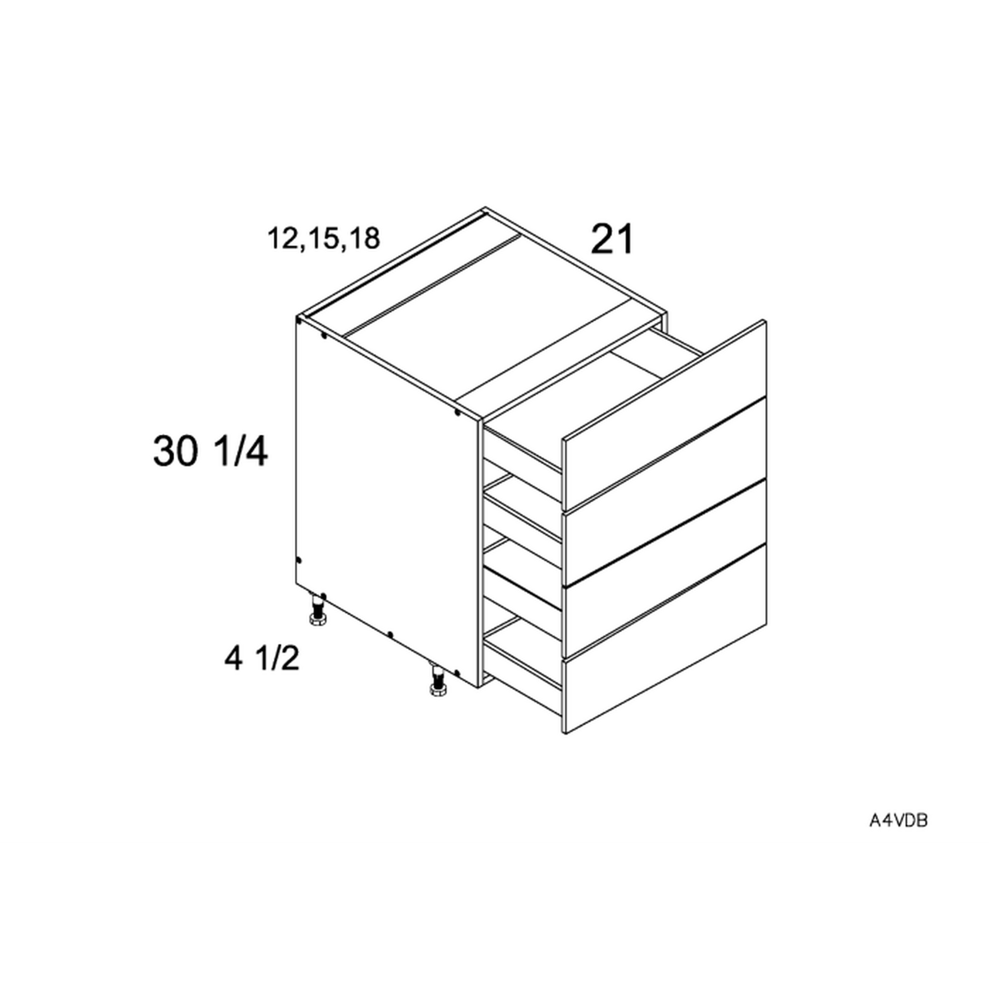 RTA Euro Gloss White 12" 4-Drawer Vanity Base Cabinet