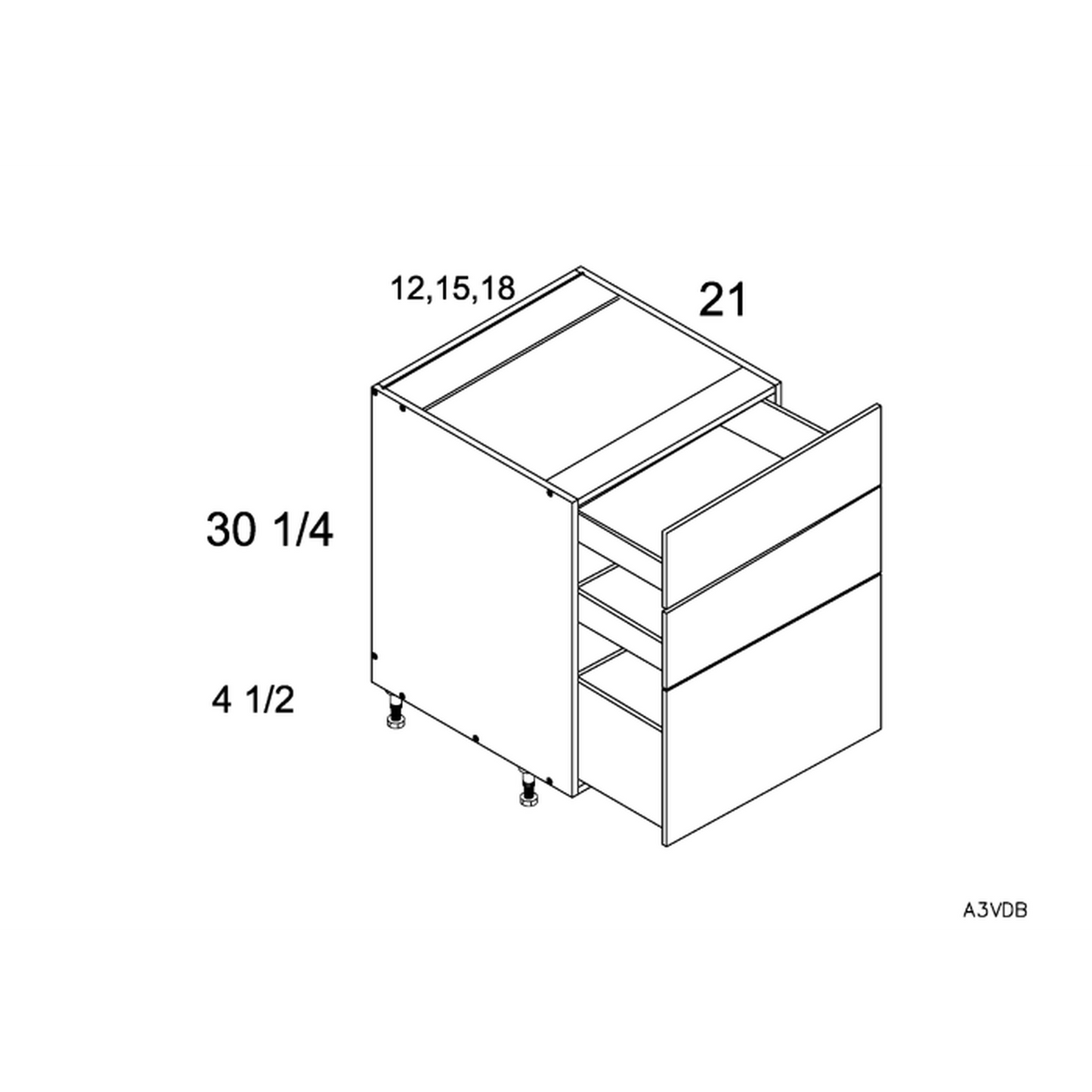 RTA Euro White Grain 12" 3-Drawer Vanity Base Cabinet with 2 Finished End Panels