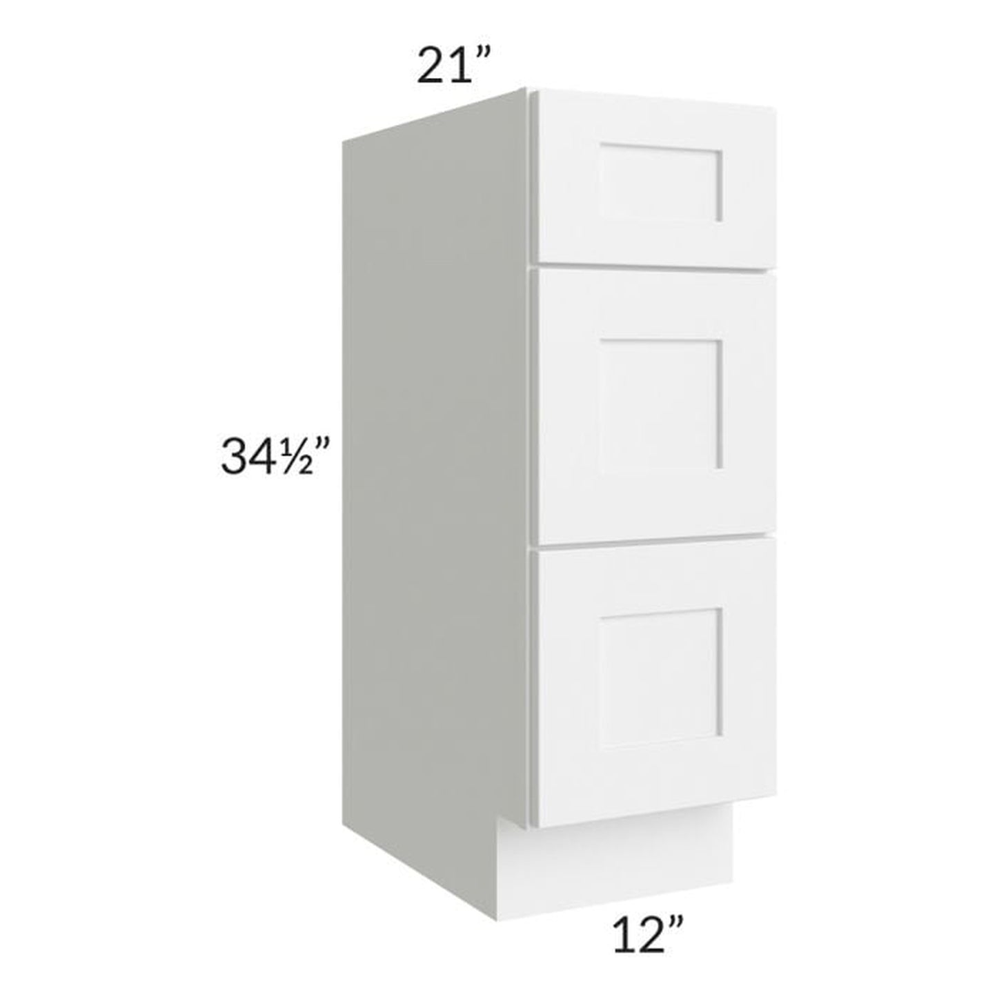 RTA Frosted White Shaker 12" Vanity Three Drawer Base Cabinet with 1 Decorative End Panel