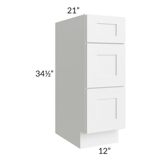 RTA Frosted White Shaker 12" Vanity Three Drawer Base Cabinet with 2 Decorative End Panels