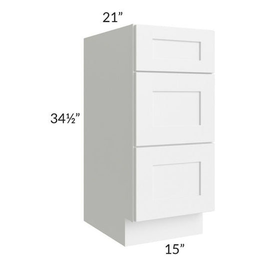 RTA Frosted White Shaker 15" Vanity Three Drawer Base Cabinet with 1 Decorative End Panel