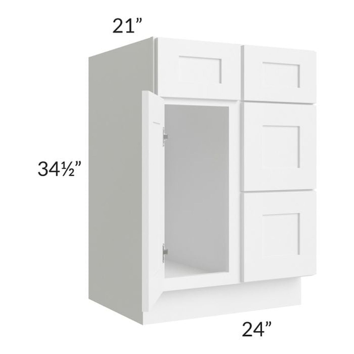 RTA Frosted White Shaker 24" Vanity Sink Base Cabinet (Drawers on Right) with 1 Decorative End Panel