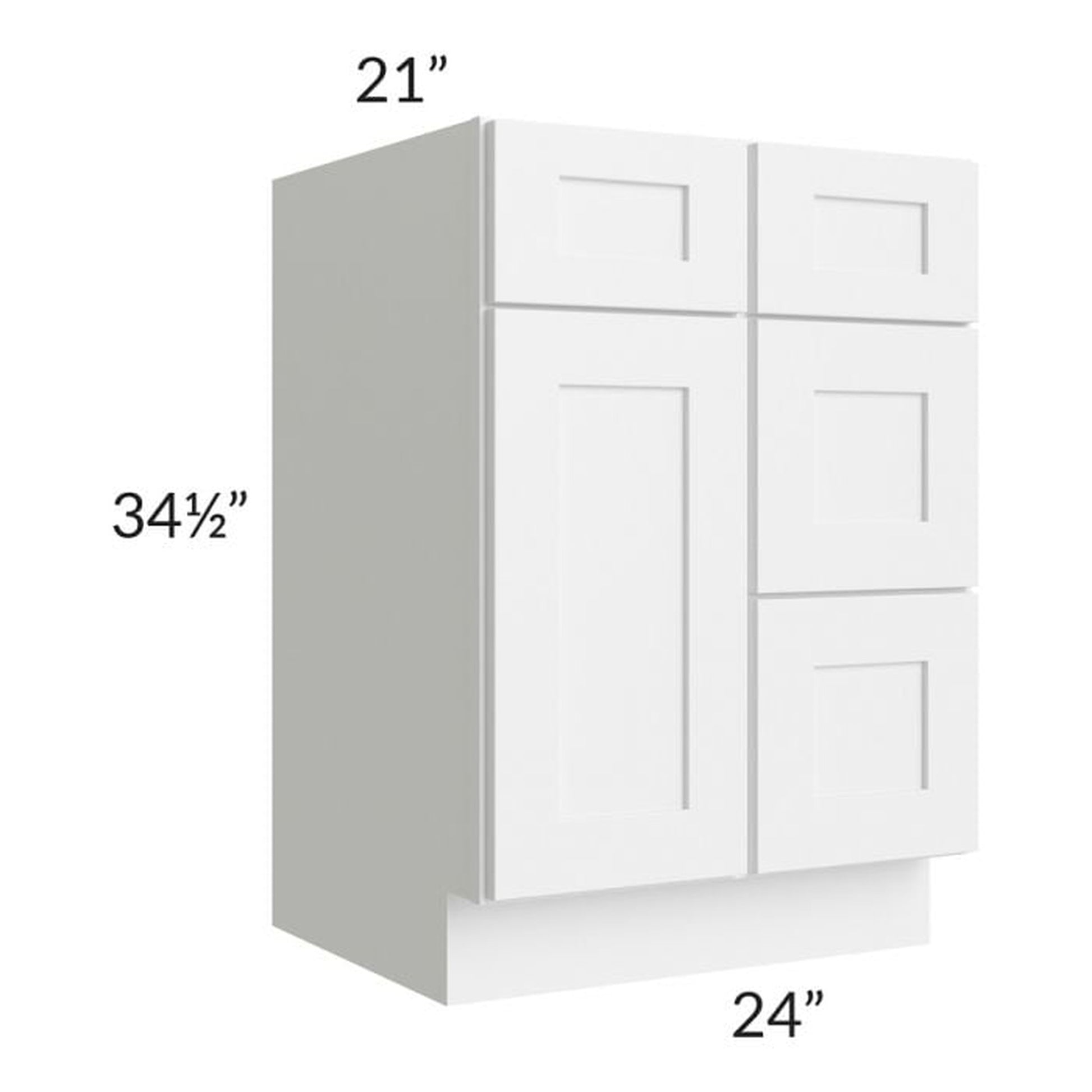 RTA Frosted White Shaker 24" Vanity Sink Base Cabinet (Drawers on Right) with 2 Decorative End Panels