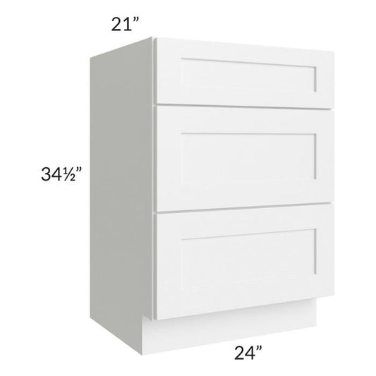 RTA Frosted White Shaker 24" Vanity Three Drawer Base Cabinet with 1 Decorative End Panel
