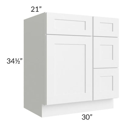 RTA Frosted White Shaker 30" Vanity Sink Base Cabinet (Drawers on Right)