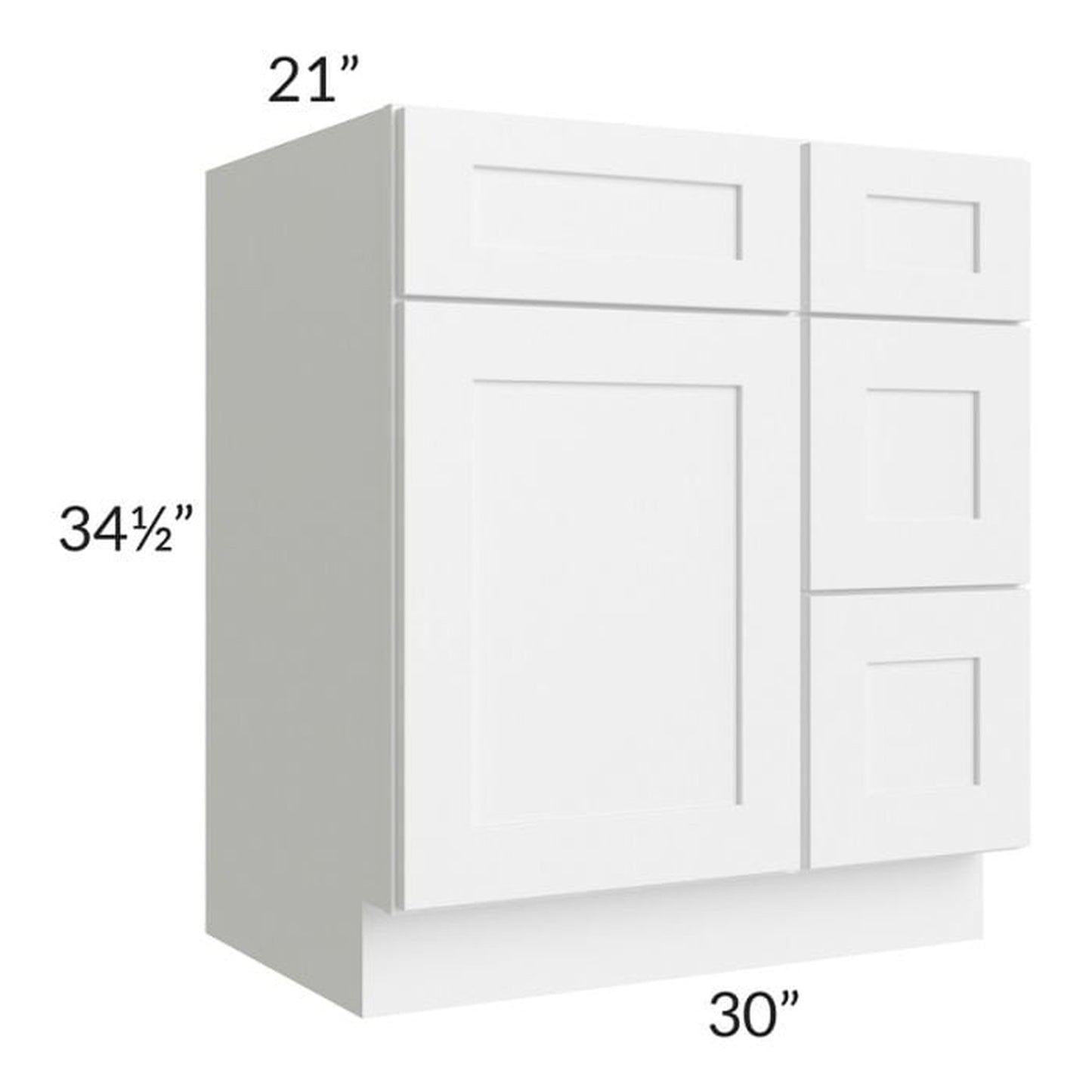 RTA Frosted White Shaker 30" Vanity Sink Base Cabinet (Drawers on Right) with 1 Decorative End Panel