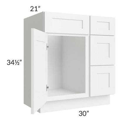 RTA Frosted White Shaker 30" Vanity Sink Base Cabinet (Drawers on Right) with 1 Decorative End Panel