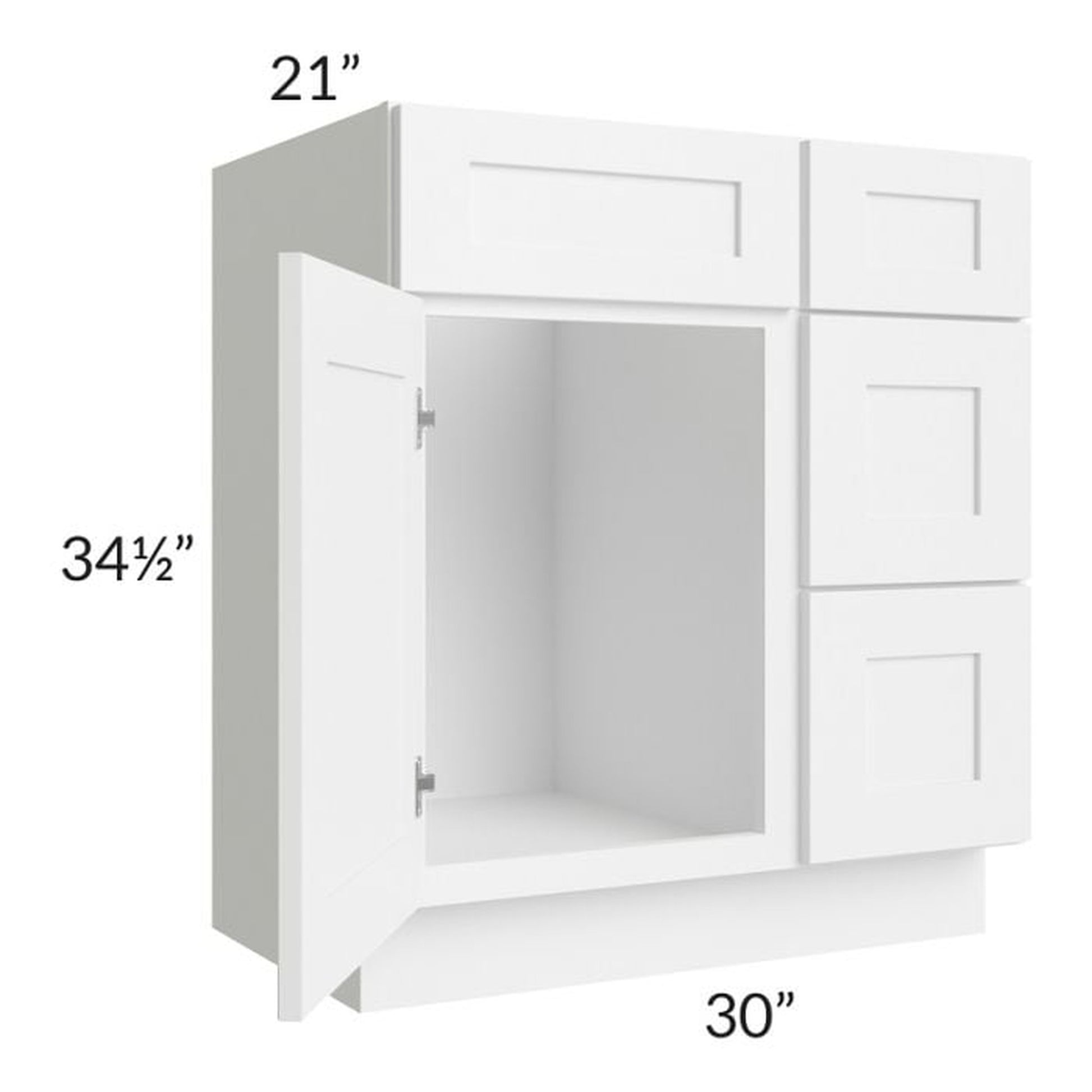 RTA Frosted White Shaker 30" Vanity Sink Base Cabinet (Drawers on Right) with 2 Decorative End Panels