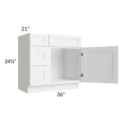 RTA Frosted White Shaker 36" Vanity Sink Base Cabinet (Drawers on Left) with 1 Decorative End Panel