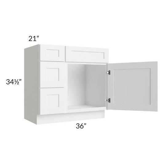 RTA Frosted White Shaker 36" Vanity Sink Base Cabinet (Drawers on Left) with 2 Decorative End Panels