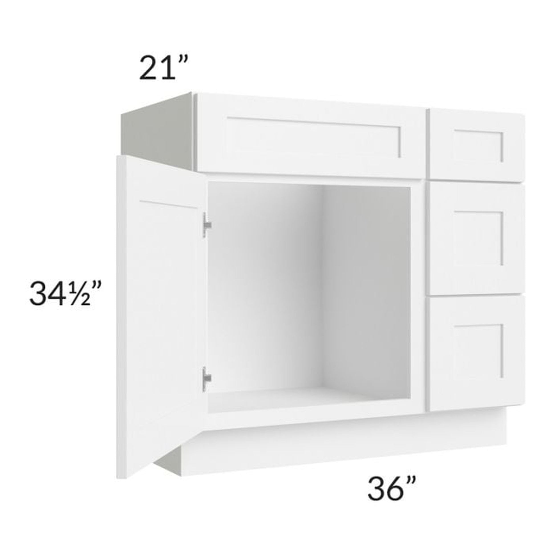 RTA Frosted White Shaker 36" Vanity Sink Base Cabinet (Drawers on Right) with 1 Decorative End Panel