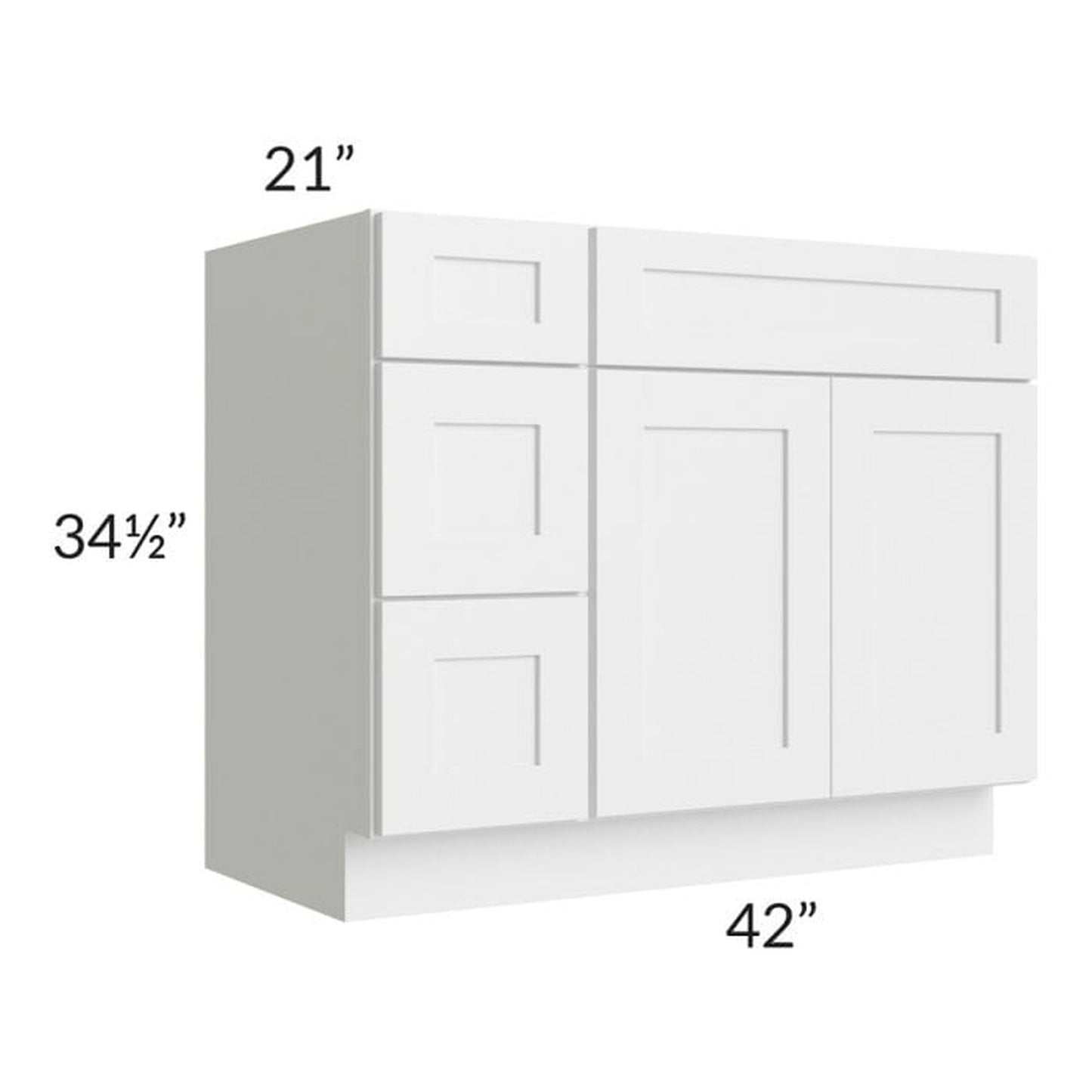 RTA Frosted White Shaker 42" Vanity Sink Base Cabinet (Drawers on Left) with 2 Decorative End Panels
