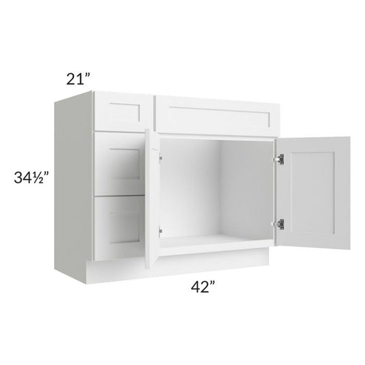 RTA Frosted White Shaker 42" Vanity Sink Base Cabinet (Drawers on Left) with 2 Decorative End Panels