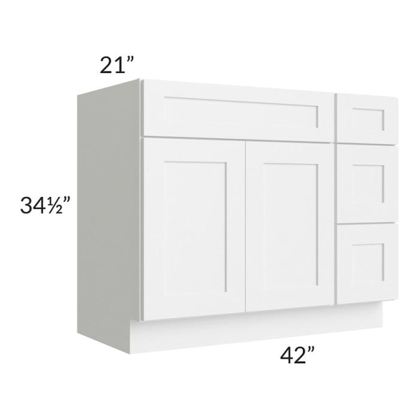 RTA Frosted White Shaker 42" Vanity Sink Base Cabinet (Drawers on Right) with 1 Decorative End Panel