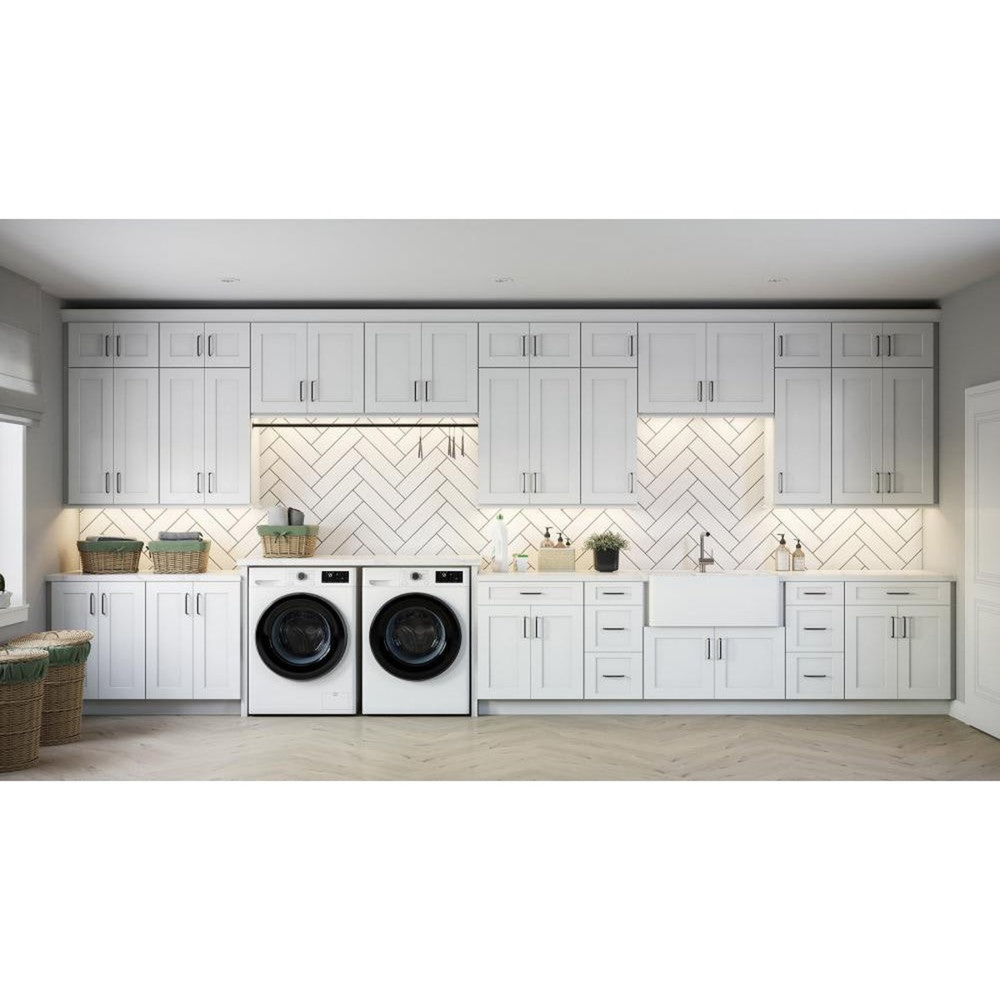 RTA Frosted White Shaker 42" Vanity Sink Base Cabinet (Drawers on Right) with 2 Decorative End Panels