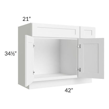 RTA Frosted White Shaker 42" Vanity Sink Base Cabinet (Drawers on Right) with 2 Decorative End Panels