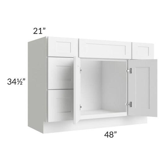RTA Frosted White Shaker 48" Vanity Sink Base Cabinet with Drawers with 1 Decorative End Panel