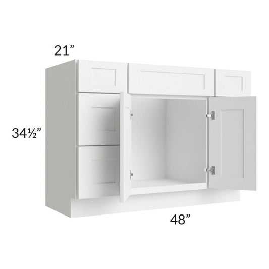 RTA Frosted White Shaker 48" Vanity Sink Base Cabinet with Drawers with 2 Decorative End Panels