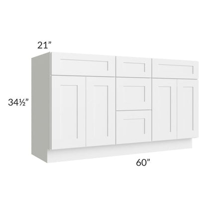 RTA Frosted White Shaker 60" Vanity Sink Base Cabinet with 3 Drawers